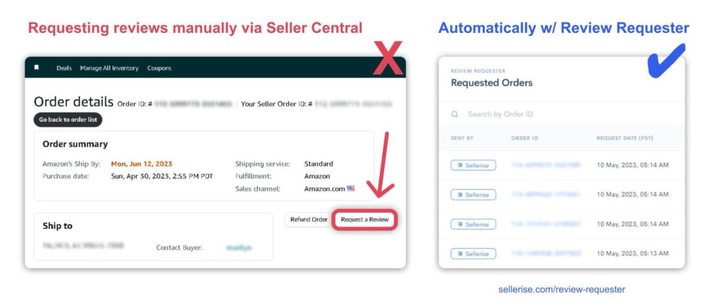 Comparison image showing manual review requests via Amazon Seller Central and automated requests using Review Requester.