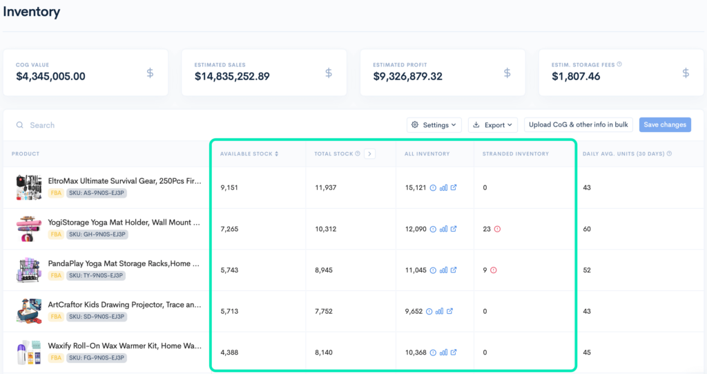 Screenshot of an inventory management dashboard for Amazon FBA, showing available stock, total stock, and stranded inventory.