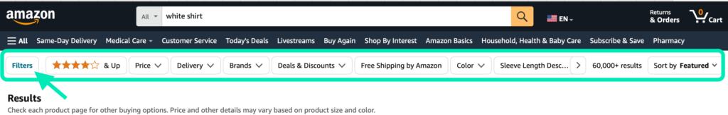 Amazon search filters and sorting options bar located above the search results.
