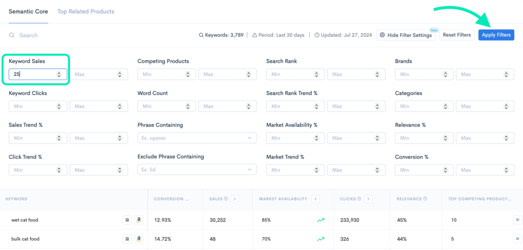 Screenshot showing the application of filters in Keyword Hunter Pro, specifically targeting keyword sales above 25.