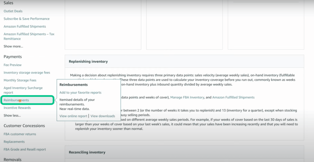 Screenshot showing how to navigate to the reimbursements report in Amazon Seller Central.