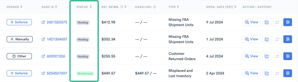 Screenshot displaying the status of various FBA reimbursement cases.