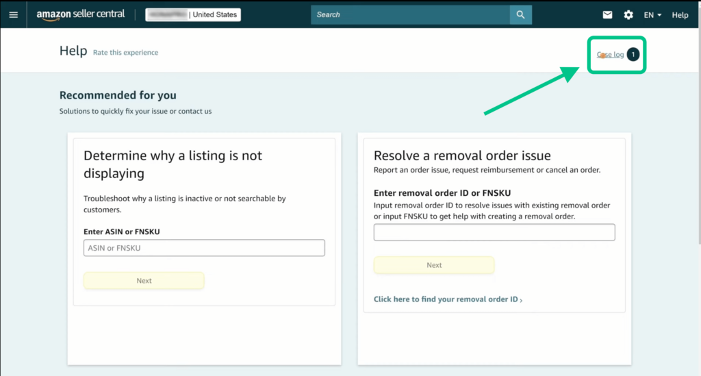 creenshot of the case log access in Amazon Seller Central for tracking FBA reimbursement cases.