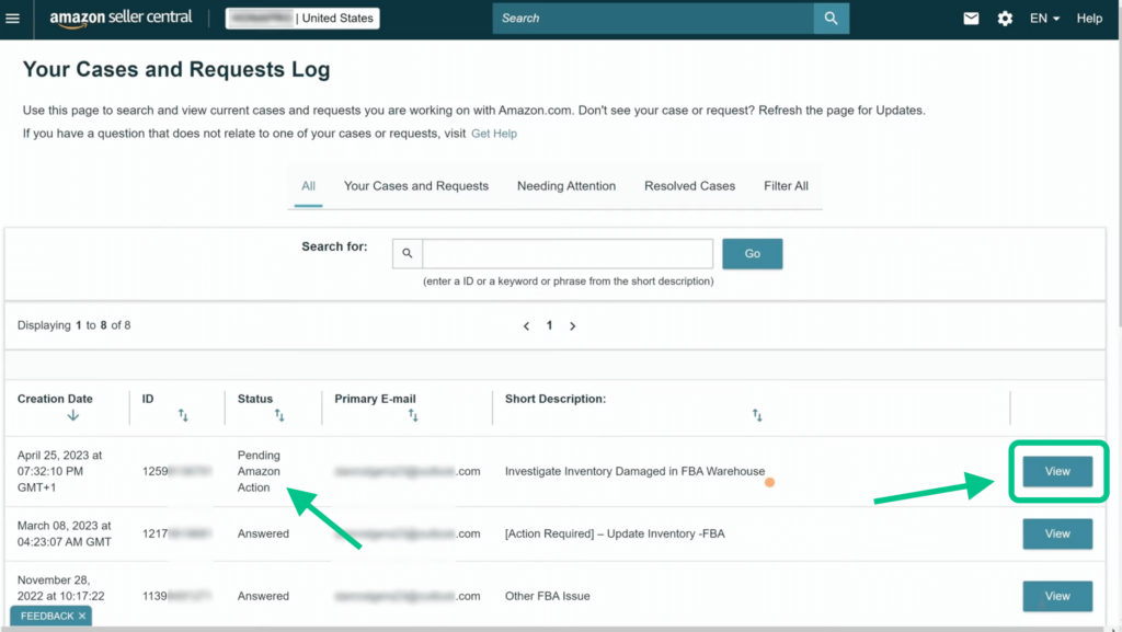 Screenshot displaying the list of FBA reimbursement cases in Amazon Seller Central.