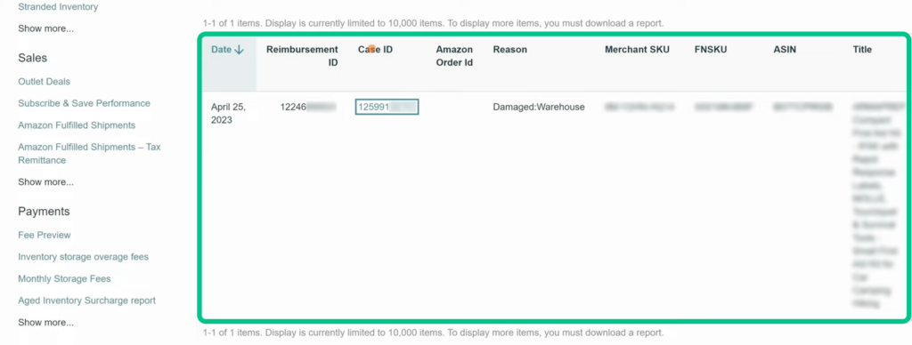 Screenshot of a detailed view of an FBA reimbursement case in Amazon Seller Central.