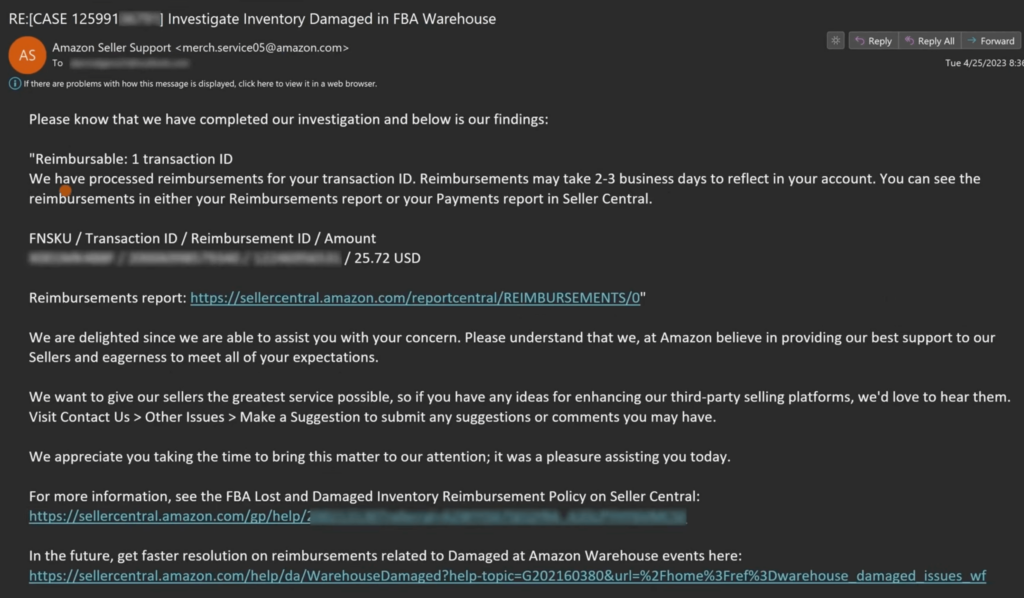 Screenshot of an email confirmation from Amazon Seller Support regarding FBA reimbursement.