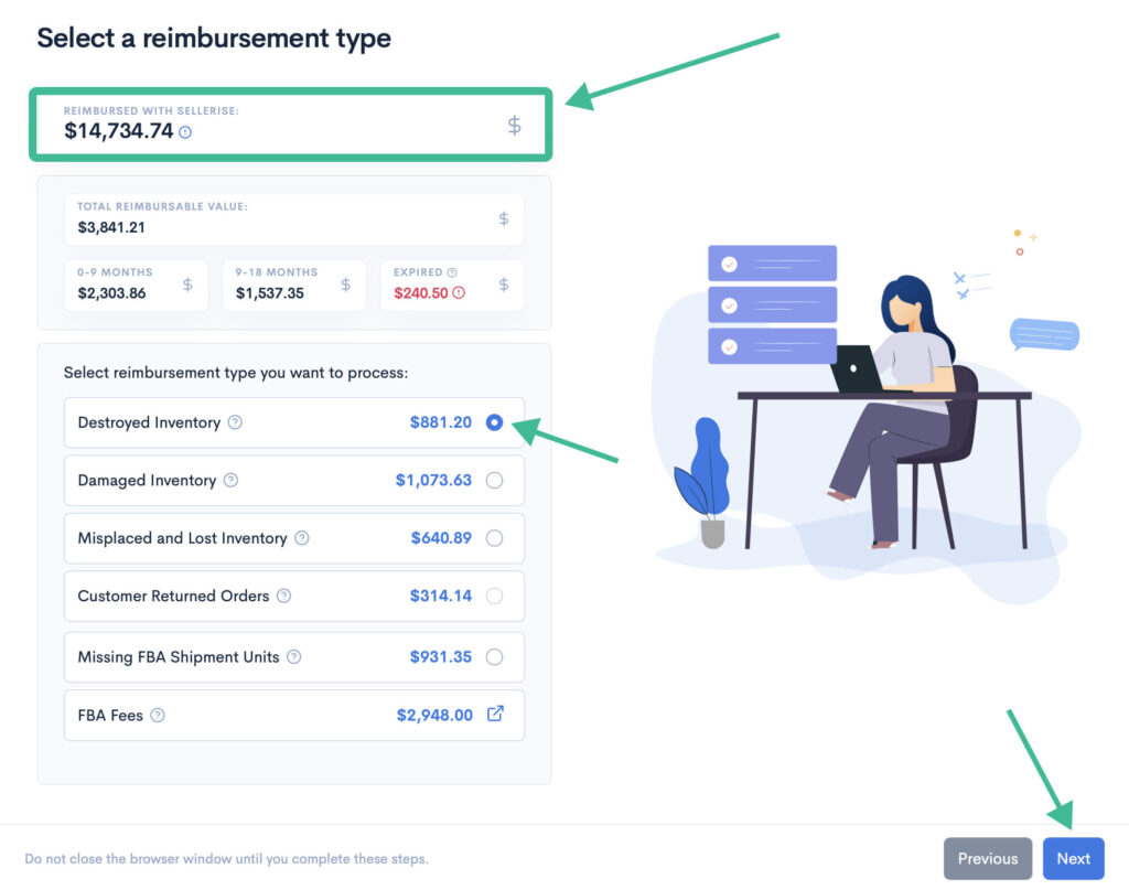 Screenshot showing the selection of reimbursement types in the Amazon FBA reimbursement process.