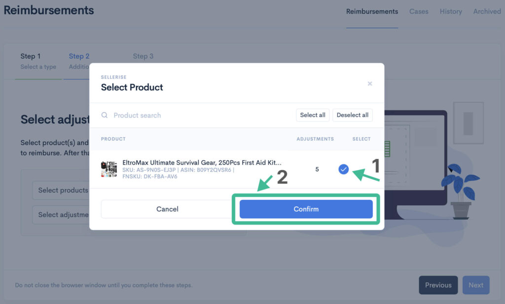 Screenshot of product selection during the Amazon FBA reimbursement process.