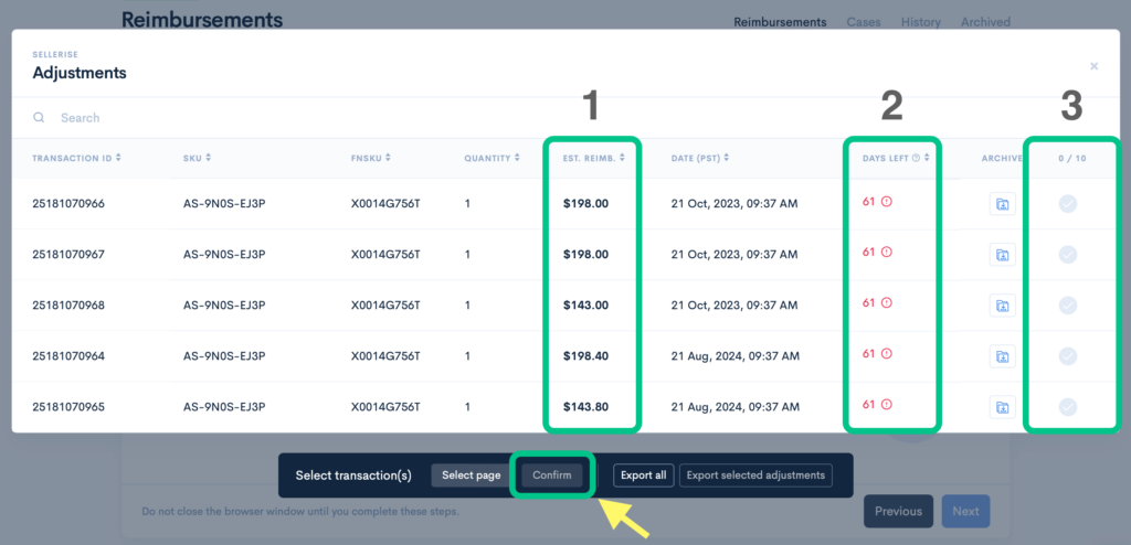 Screenshot showing the adjustment confirmation screen in the Amazon FBA reimbursement process.