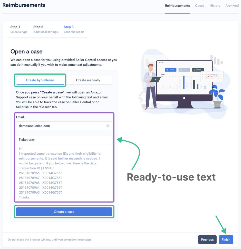 Screenshot of the final step in creating a reimbursement case in Amazon FBA.