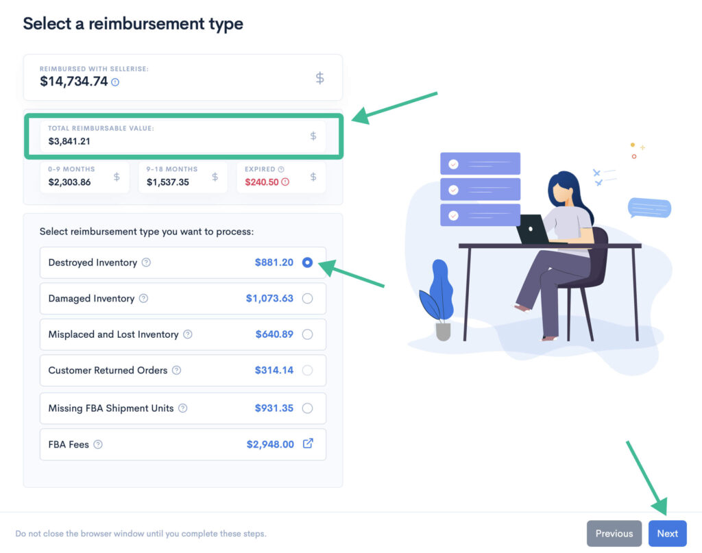 Screenshot showing the process of selecting a reimbursement type in the Amazon FBA reimbursement process.