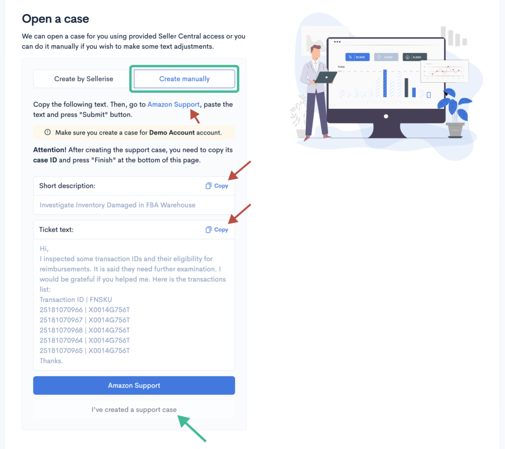 Instructions on how to manually create an Amazon FBA reimbursement case, including copying short description and ticket text.