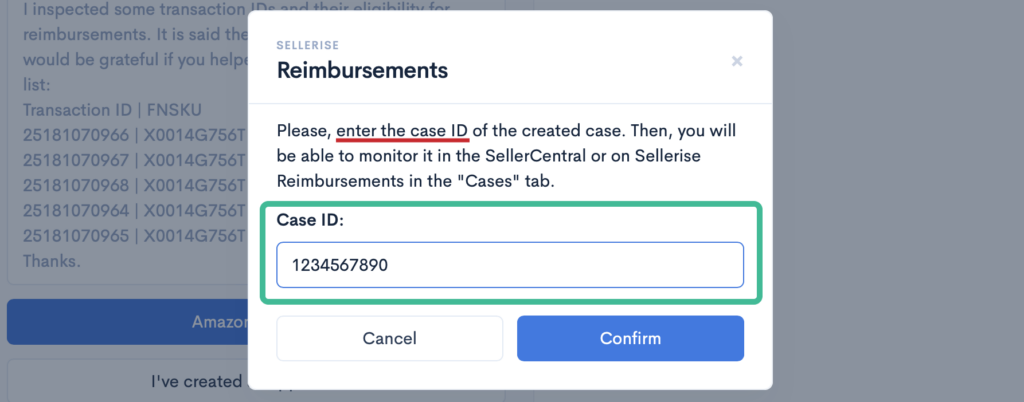 Input field for entering the case ID to track an Amazon FBA reimbursement request in Sellerise.