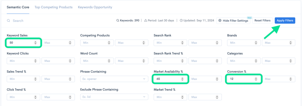 Filtered Search for Keywords in Keyword Re-Ranker tool.