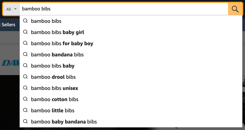 Amazon Search Suggestions for Bamboo Bibs