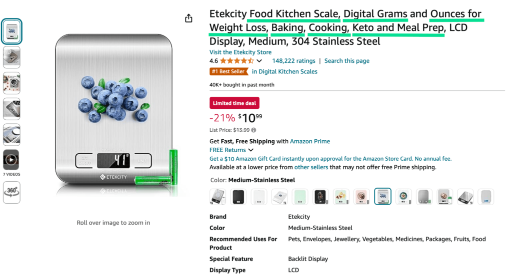 Food Kitchen Scale Product Page on Amazon