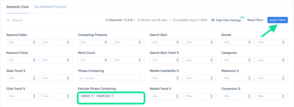 Filter settings in the Keyword Hunter Pro tool, excluding specific phrases like 'Cerave' and 'travel size'.