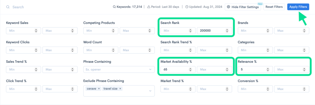 Filter settings in the Keyword Hunter Pro tool with adjustments to search rank, market availability, and relevance percentages.