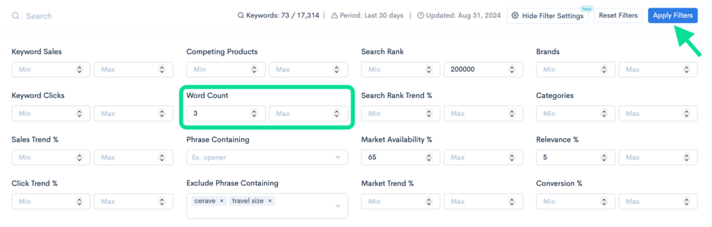 Advanced keyword research using filters.