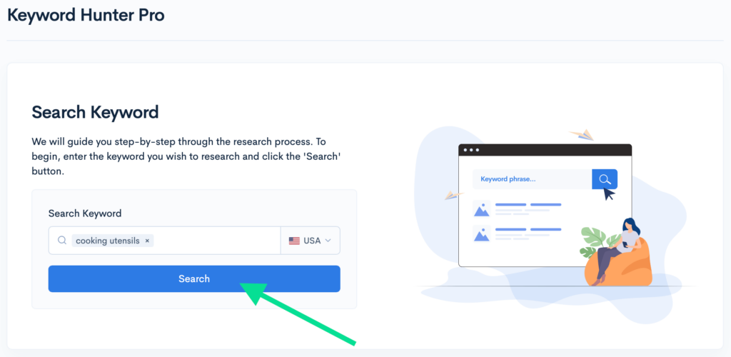 Keyword Hunter Pro interface showing a keyword search box with ‘cooking utensils’ and a search button.