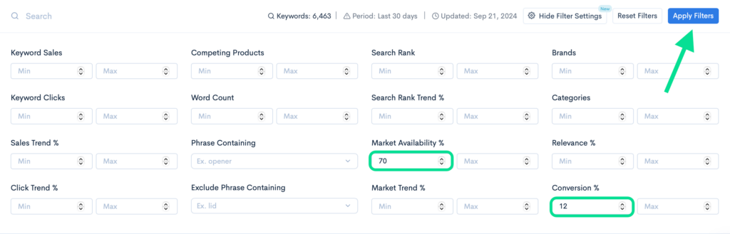 Keyword filtering options in Keyword Hunter Pro, including filters for sales, market availability, and conversion percentage.