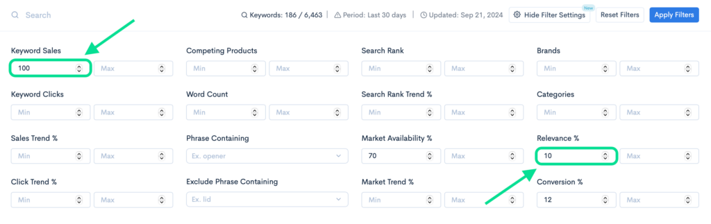 Sales and relevance filter applied to search results in Keyword Hunter Pro, refining keywords with minimum sales of 100 and minimum relevance of 10.