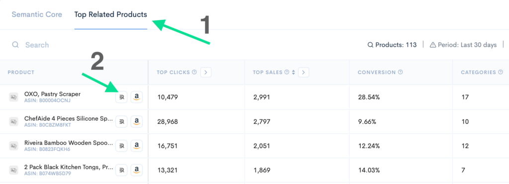 Top related products for ‘cooking utensils’ search in Keyword Hunter Pro, including product clicks, sales, and conversion rates.