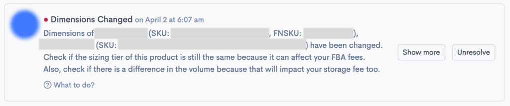 Alert notification about changes in product dimensions that may impact FBA fees and storage costs.