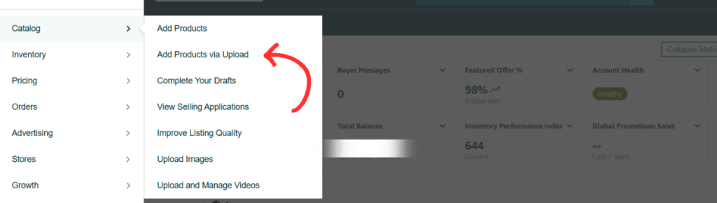 Arrow pointing to 'Add Products via Upload' in the Catalog menu of Amazon Seller Central.
