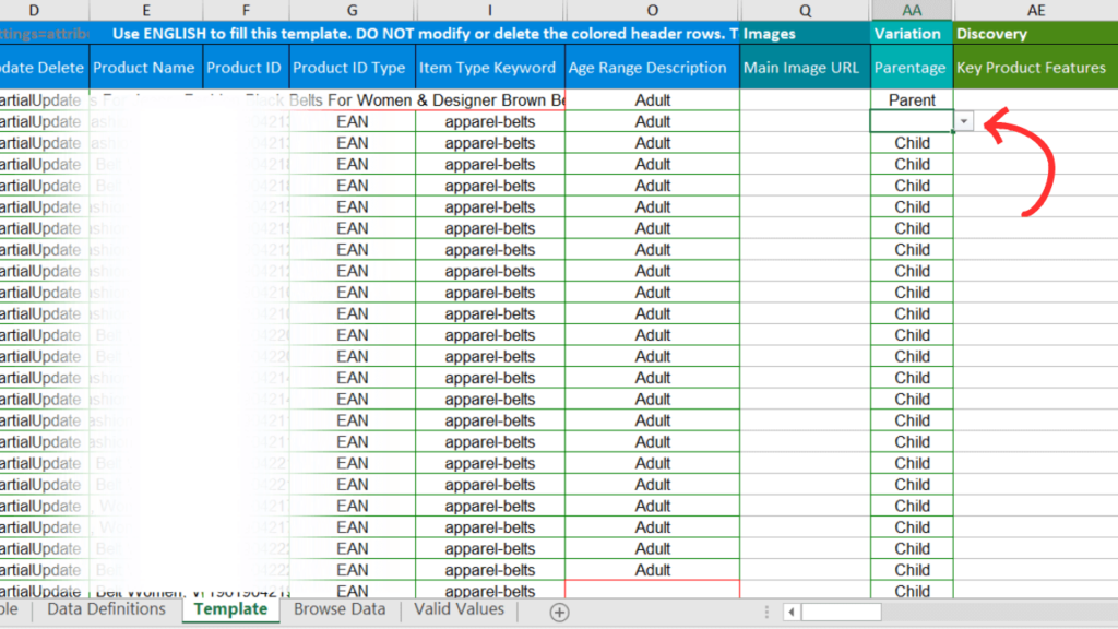 Arrow pointing to the 'Parentage' column in the Amazon product upload template.