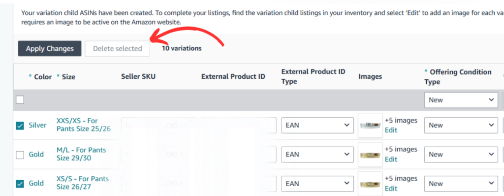 Arrow pointing to the 'Apply Changes' button in the variations section for Amazon listings.