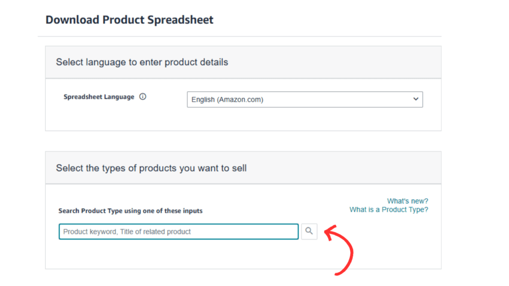 Arrow pointing to the product keyword search bar in the Download Product Spreadsheet section.