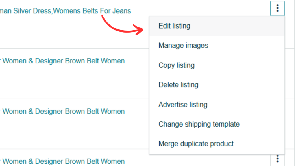 Arrow pointing to the 'Edit Listing' option from the dropdown menu in Amazon Seller Central.