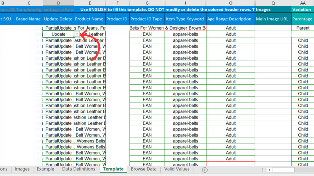 Arrow pointing to the 'Update' option in the product upload template.