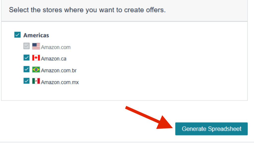 Arrow pointing to the 'Generate Spreadsheet' button in the marketplace selection section.