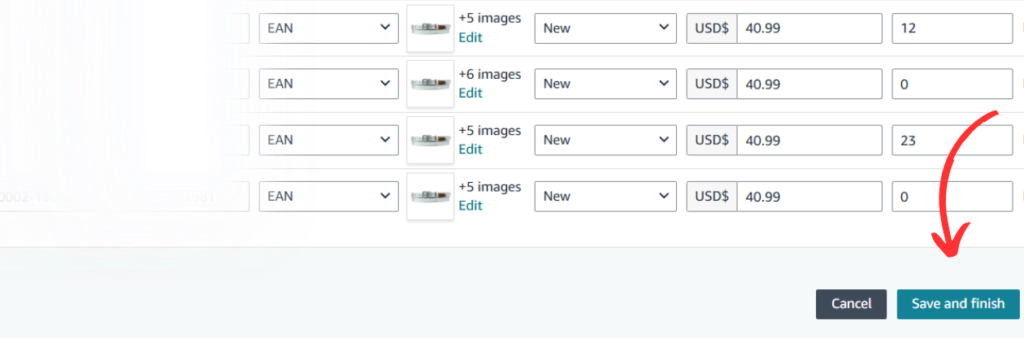 Arrow pointing to the 'Save and Finish' button in the Amazon Seller Central listing editor.