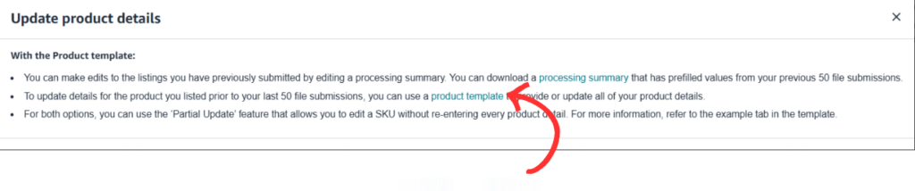 Arrow pointing to the product template download option in the Update Product Details section.