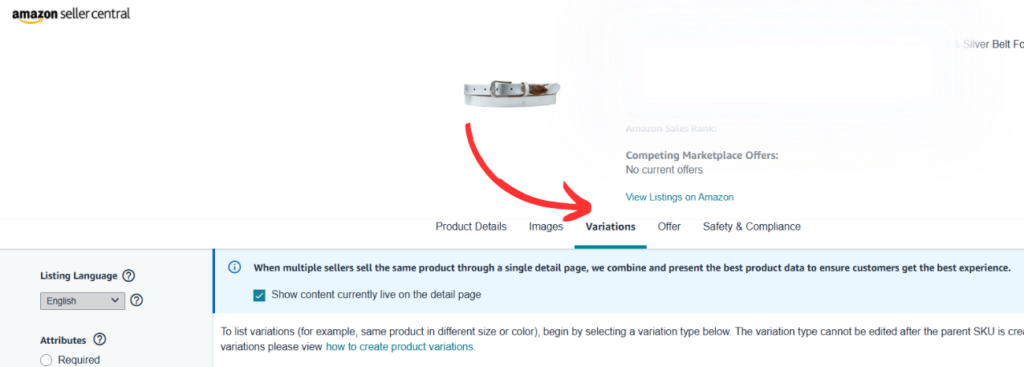 Arrow pointing to the 'Variations' tab in the product listing edit screen in Amazon Seller Central.