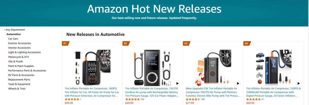 Screenshot of Amazon’s Hot New Releases section showcasing the latest trending automotive products.