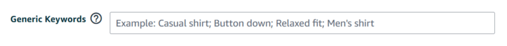 Amazon backend search terms input field example showing keyword optimization tips.