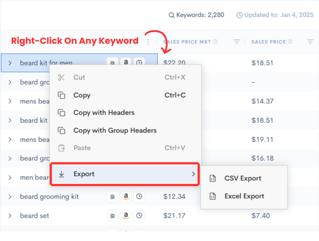 Screenshot showing the export menu in a keyword analysis tool with options for CSV and Excel exports.