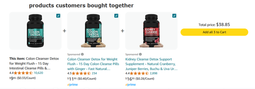 Screenshot of Amazon’s "Frequently Bought Together" section, featuring detox supplements and related health products.