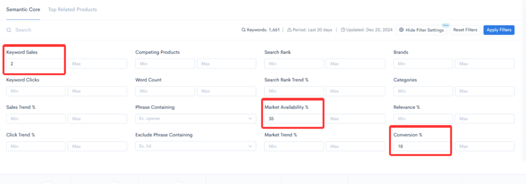 Screenshot of keyword filters showing sales, market availability, and conversion rate percentages for Amazon products.