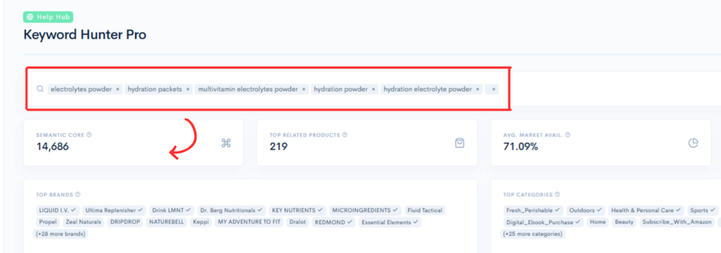 Keyword Hunter Pro interface showing entered keywords, semantic core size, and top related products data.