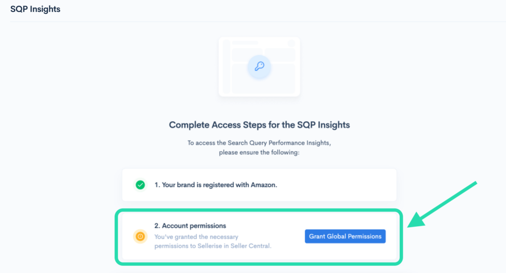 Instructional screen for SQP Insights access, highlighting the steps to grant global permissions in Seller Central for Search Query Performance Insights.