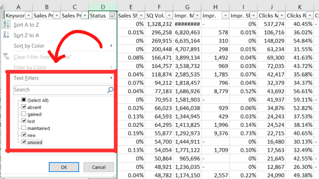 Screenshot of an Excel filter menu highlighting text filters with keyword status options like gained, lost, maintained, new, and unused.