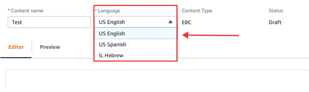 Screenshot of Amazon A+ Content Builder showing a dropdown menu for selecting a content language.