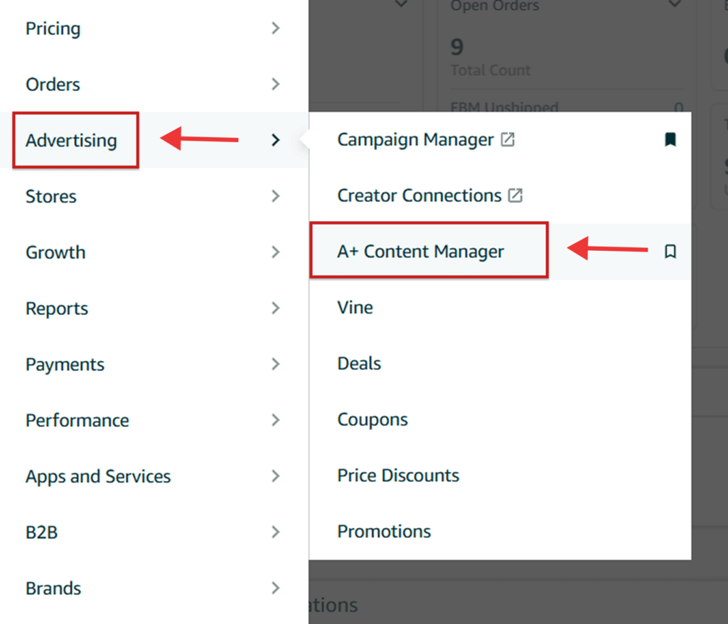 Screenshot of Amazon Seller Central navigation menu highlighting "Advertising" and "A+ Content Manager" options.