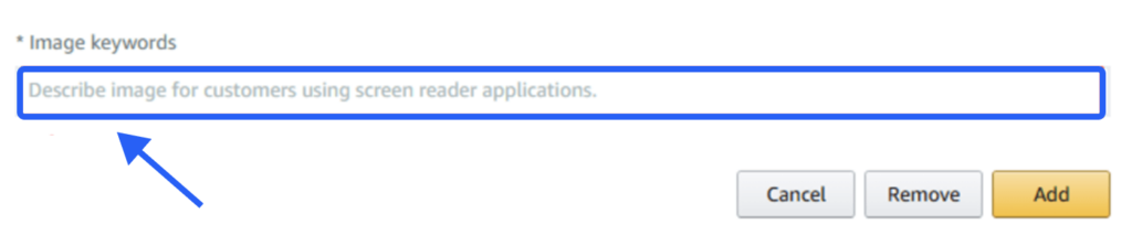 Screenshot of an Amazon Seller Central interface prompting users to describe an image for screen readers.