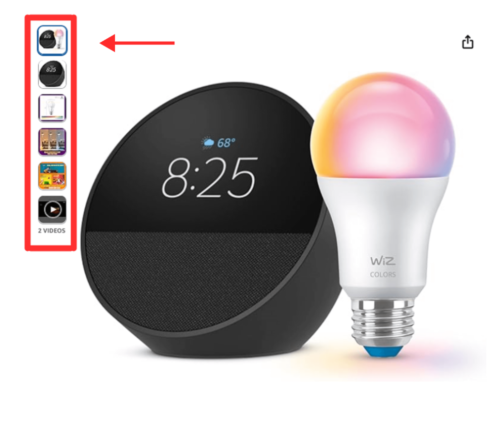 Screenshot of an Amazon product page showcasing a smart device with a sidebar of multiple product images and video thumbnails.